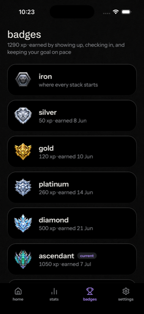 LVLD badges screen showing the XP badge ladder