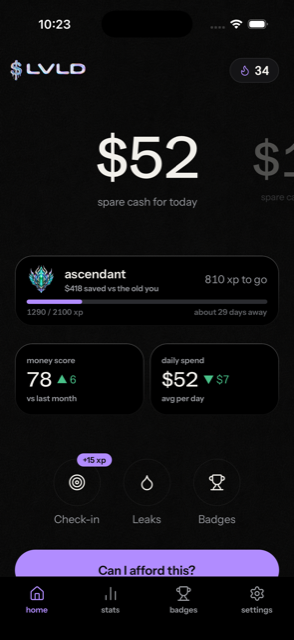 LVLD home screen showing spare cash for today, badge progress and money score